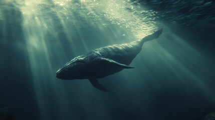 Fototapeta premium A massive whale gliding gracefully through the ocean, surrounded by shimmering light rays underwater