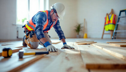 Worker installs wooden floorboards with precision in a well-lit, safe construction setting.

