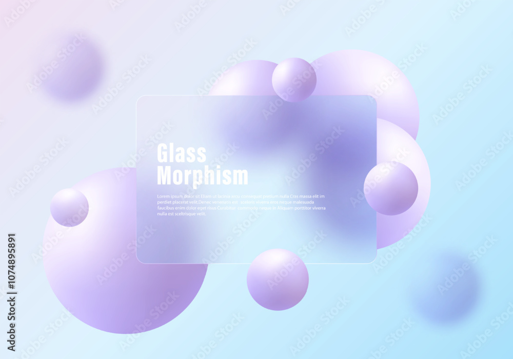 Aufkleber glass morphism website landing page template. frosted glass partition with floating spheres.