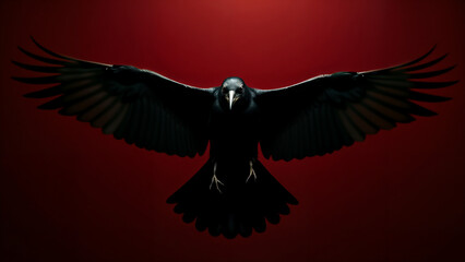 Fototapeta premium Dynamic Image of a Flying Crow with Spread Wings Against an Intense Background for Impactful Wallpaper