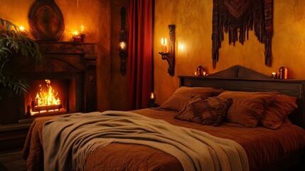 Cozy Bedroom with Fireplace and Warm Lighting