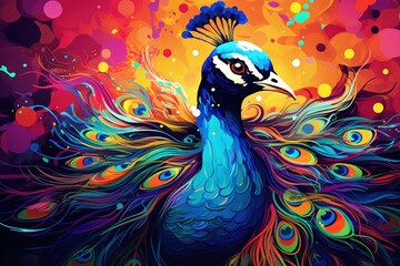 Fototapeta premium Portrait of beautiful peacock with feathers out in the style of graphic novel art painting graphics.