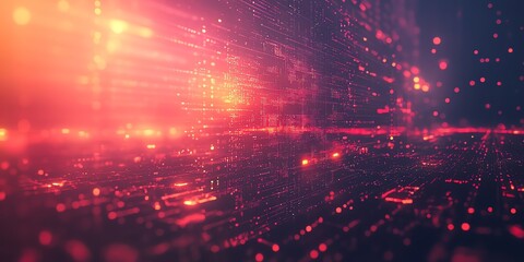 Abstract digital background with red and orange lights, depicting a futuristic city skyline.