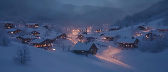 Quiet winter village at dusk with snowflakes falling gently on charming homes and lit street lamps, creating a cozy ambiance