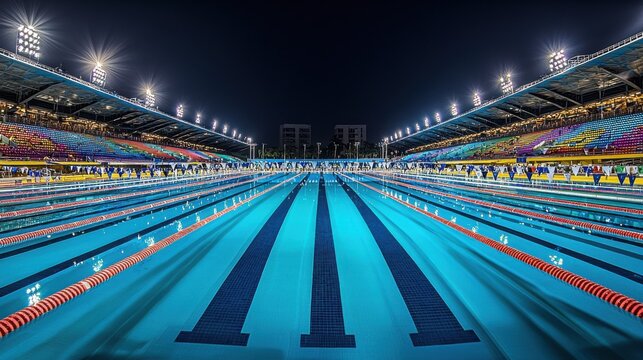 A well-lit swimming pool with multiple lanes, designed for competitive swimming events.