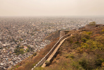 The long old great walls of Nahargarh fort in Jaipur, Rajasthan, India.
