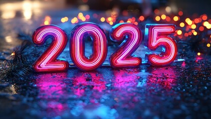 Neon pink 2025 numbers glowing on wet pavement with festive bokeh lights for a vibrant New Year celebration Generative AI