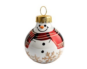 A festive snowman ornament, adorned with a cheerful scarf, perfect for holiday decorations and capturing winter joy.
