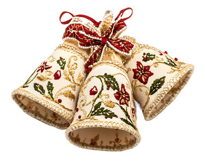 A festive trio of decorative bells adorned with beautiful embroidery and red bows. These elegant ornaments capture the spirit of celebration and holiday cheer.