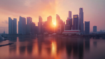 Fototapeta premium A sleek, modern vector illustration of a bustling city skyline at sunset