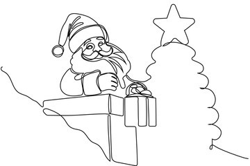 One continuous line drawing Santa Claus on reindeer and sled. concept for Christmas and New Year. vector illustration. Vector illustration