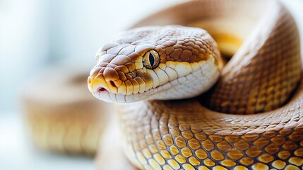 Fototapeta premium Close-up of coiled snake with detailed scales and piercing eyes, highlighting texture and patterns.