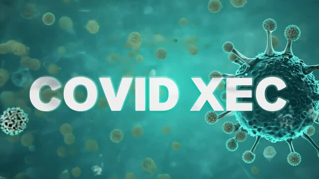 "COVID XEC" with floating virus particles, set against a digital, scientific background.