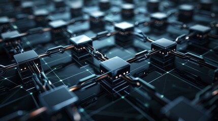 Obraz premium Blockchain network concept, digital blocks connected by lines on a dark background