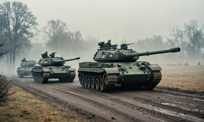 Three tanks drive down a muddy road in a foggy forest