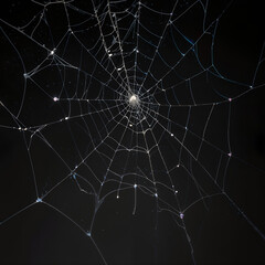 Spider web on a black background, highlighting intricate and delicate natural details, ideal for Halloween. Generative AI
