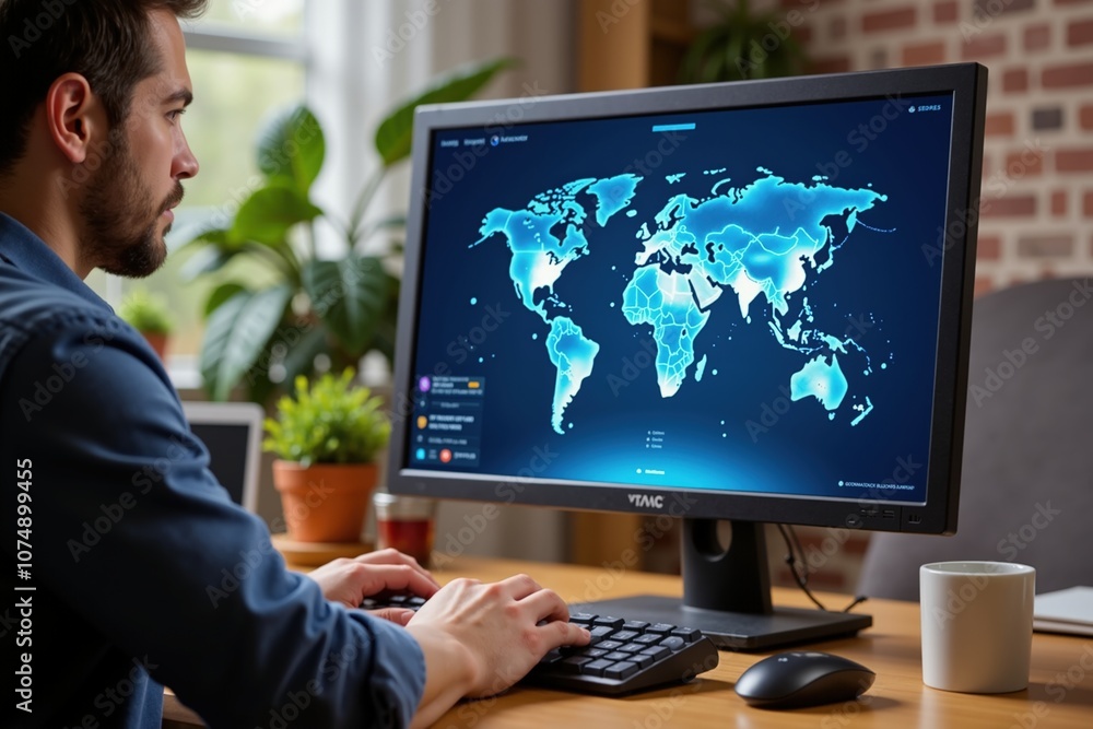 Poster man analyzing global data trends on digital world map in modern office setting