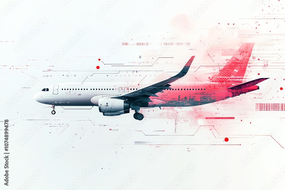 Poster airplane with red digital effect on white background.