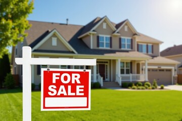 Charming suburban house for sale with front yard and for sale sign on sunny day