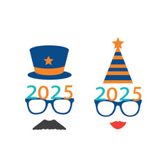 Fototapeta premium Party glasses and greetings decorated with a hat and stars, ready to be used in New Year's Eve party for 2025.