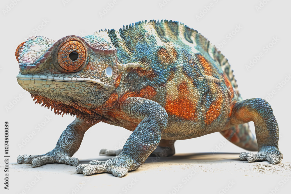 Poster detailed of a colorful chameleon with unique camouflage features isolated on white background for ed