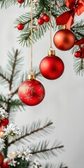 Christmas background with three red and gold Christmas baubles hanging on a festive tree branch, red, three