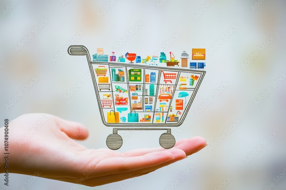 Poster a hand is gently holding a vibrant shopping cart brimming with a variety of colorful groceries again