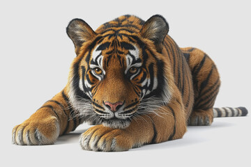 Obraz premium Realistic 3D Illustration of a Majestic Tiger Portrait, Isolated on White Background Showcasing Detailed Features and Striking Colors