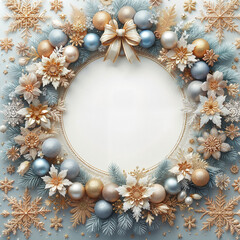 Obraz premium Christmas frame, winter frame, New Year frame, soft blue and gold snowflakes, balls and flowers bordering a copy for text, luxury and elegant 