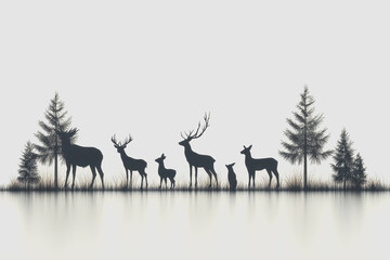 Obraz premium Elegant Silhouettes of Various Deer and Trees Isolated on White Background, Perfect for Nature-Themed Designs and s in Style