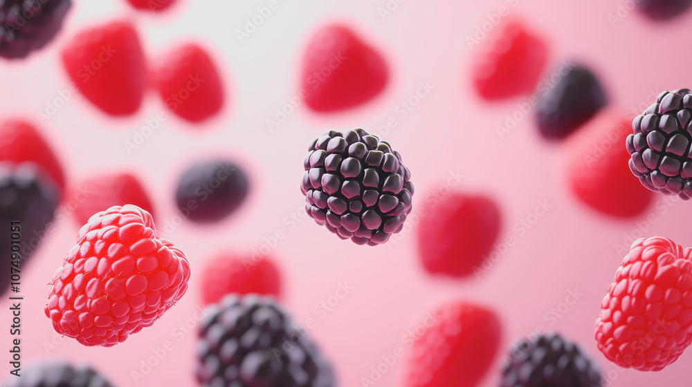 Poster vibrant composition of mixed berries floating on a soft gradient background in lush red and black co