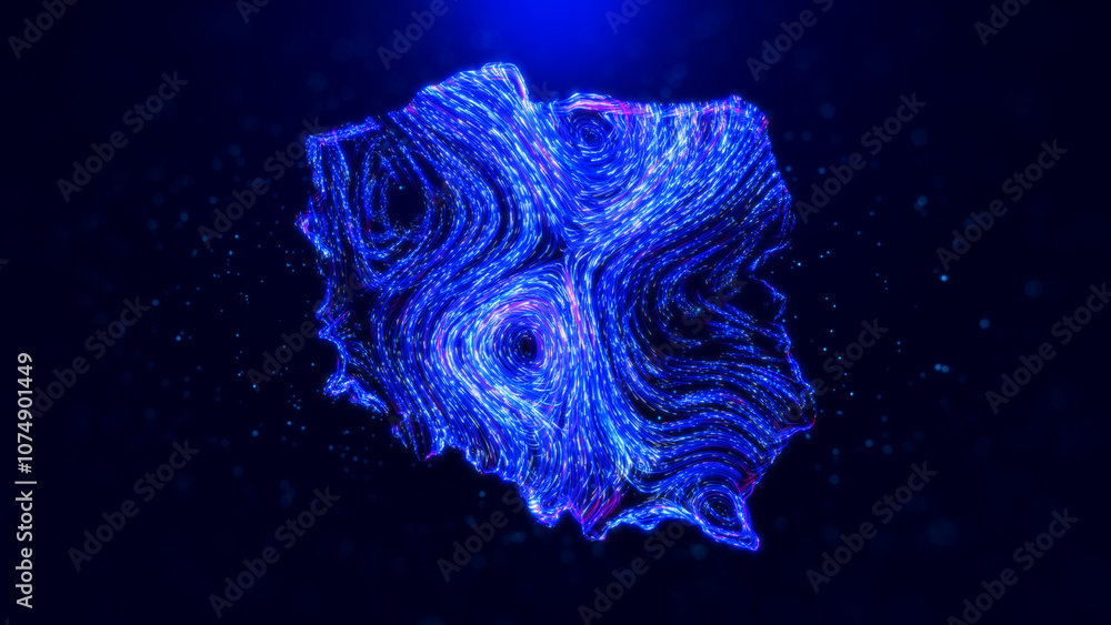 Poster abstract poland map design, featuring glowing blue hairlines, dynamic flowing patterns, and scattere