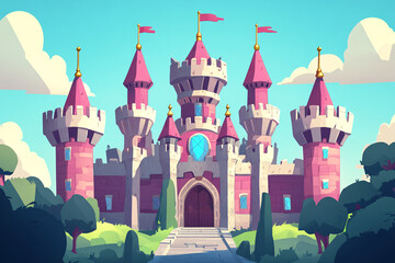 Cartoon-style fantasy castle with pink towers and flags on a sunny day surrounded by greenery evoking a magical and fairytale vibe
