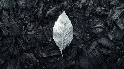 Obraz premium A single white leaf sits atop a bed of charred wood, a stark contrast of life and death.