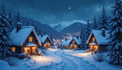 Snowy Village Houses Among Pine Trees with Mountain Backdrop on Winter Night