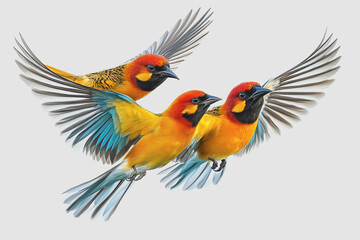 Fototapeta premium Three Colorful Birds in Flight, Captured in , Isolated Against a White Background for Use in Creative Projects