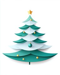 Fototapeta premium A Beautifully Crafted Paper Christmas Tree Illustration with Layers of Green, Ornaments, and a Golden Star on Top, Perfect for Holiday Themed Designs and Greetings