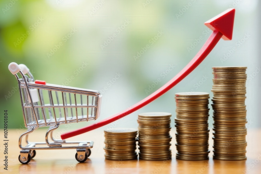 Poster rising consumer costs: shopping cart with stacked coins and upward arrow symbolizing inflation and e