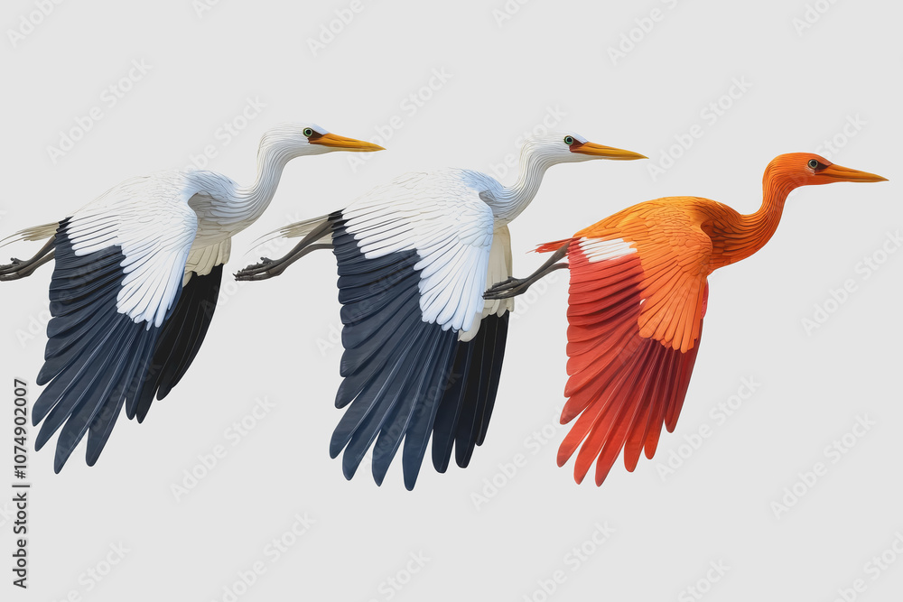 Poster artistic of birds in flight isolated on white background, showcasing different feather patterns and 