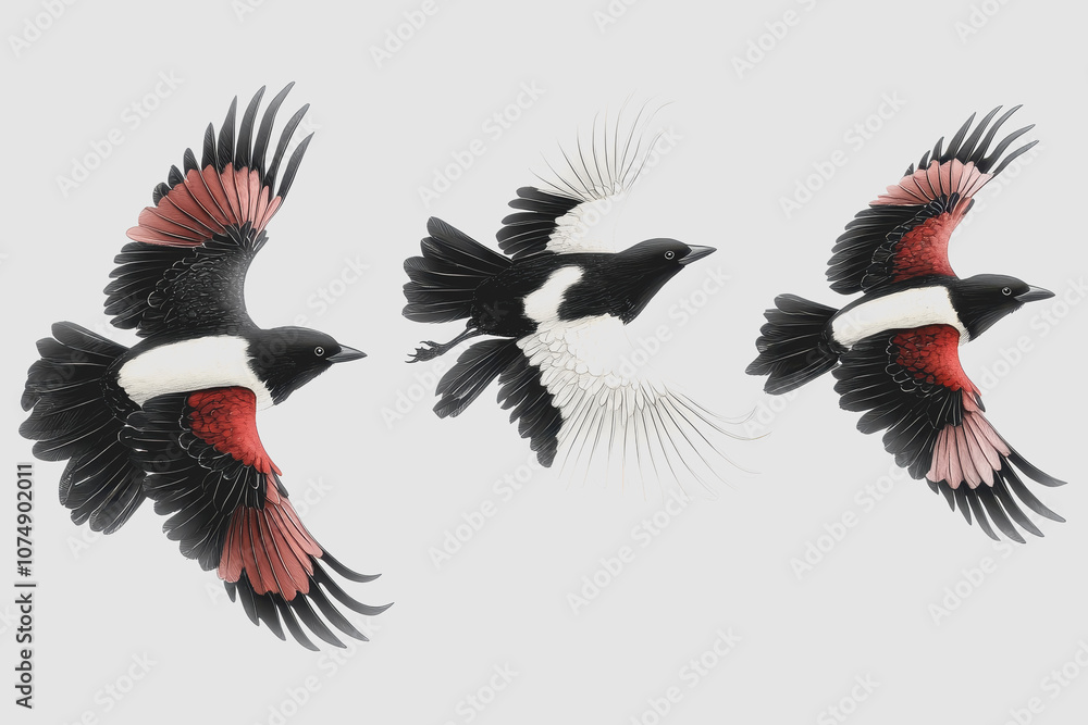 Poster artistic of colorful birds in flight with isolated white background, featuring distinctive patterns 
