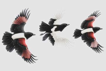 Obraz premium Artistic of Colorful Birds in Flight with Isolated White Background, Featuring Distinctive Patterns and Feather Details for Visual Appeal