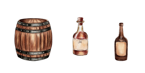 Set of cowboy western elements.Watercolor painting 