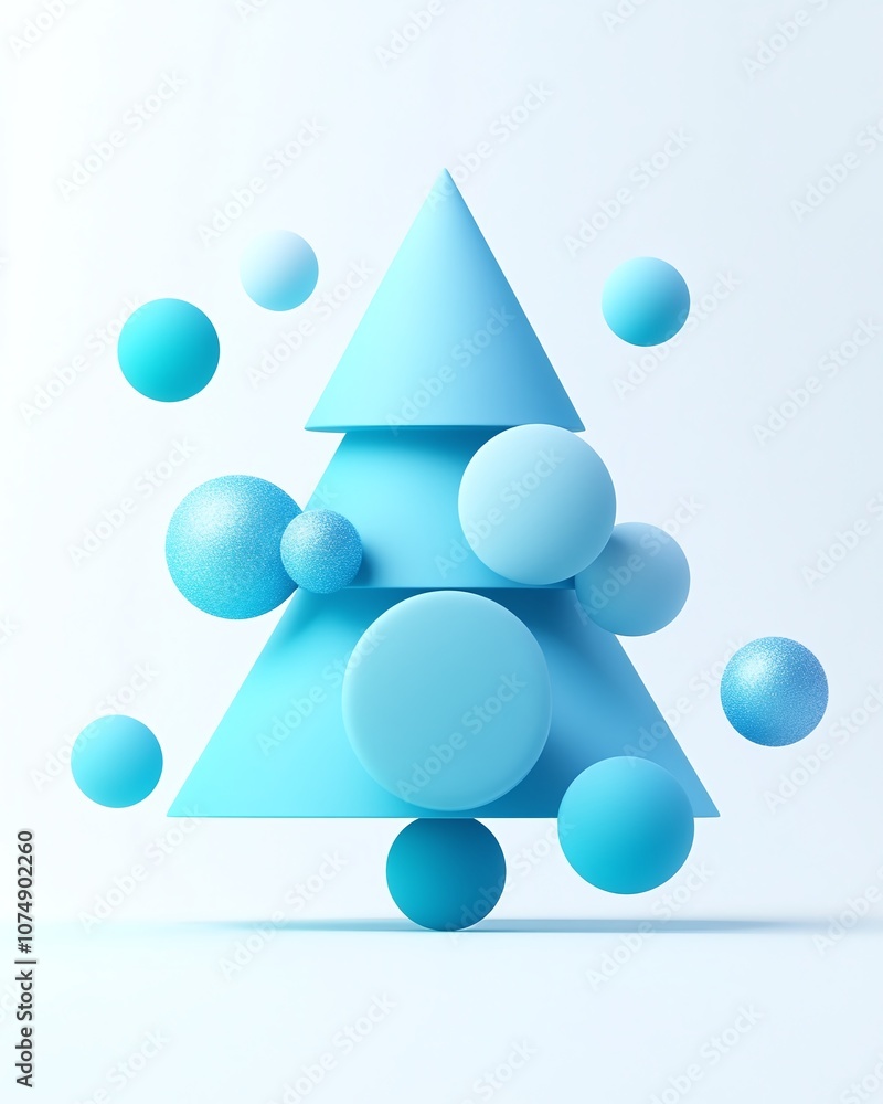 Aufkleber abstract blue tree with geometric shapes and textures, featuring spheres and cones in a minimalist s