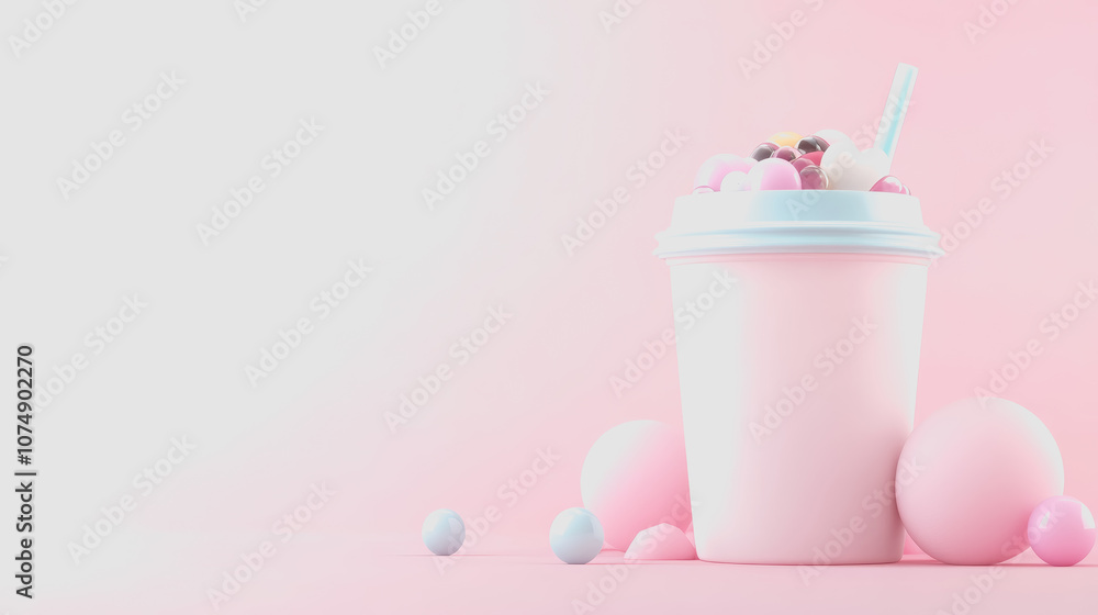Poster 3d render of a cup filled with bubble tea and colorful toppings on a soft gradient background for re