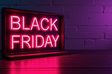 Fototapeta premium Black friday neon sign on brick wall background with purple and pink lighting