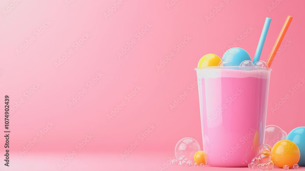 Poster colorful bubble tea with straw and decorative balls on smooth gradient background creating a playful