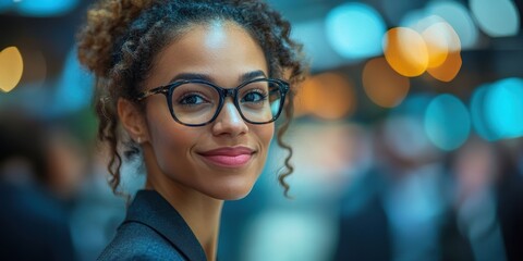 Smiling individual with curly hair and glasses pictured in a vibrant setting, offering a glimpse into diverse urban lifestyles and professional environments