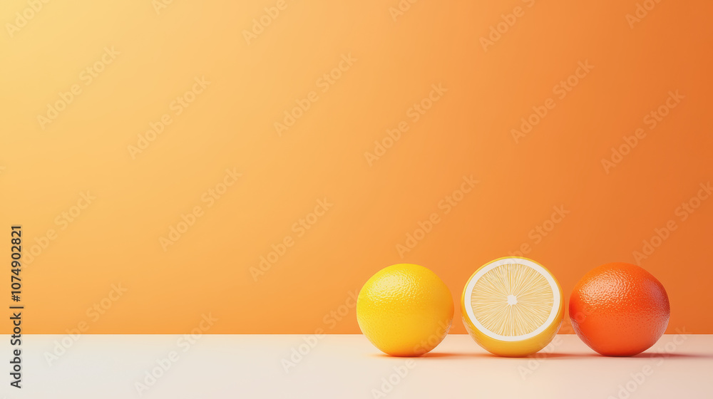 Poster vibrant display of citrus fruits on a smooth gradient background featuring lemon, orange, and grapef
