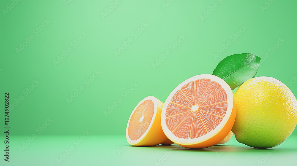 Poster fresh citrus fruits displayed on a smooth gradient background featuring orange halves and whole lemo