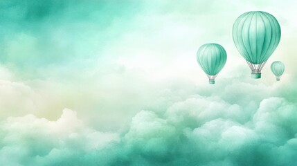 Obraz premium Three teal hot air balloons float serenely above a sea of fluffy clouds, AI